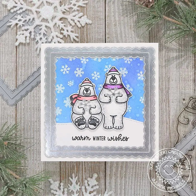 Sunny Studio Warm Winter Wishes Silver & Blue Square Holiday Christmas Card (using Playful Polar Bear 4x6 Clear Stamps)