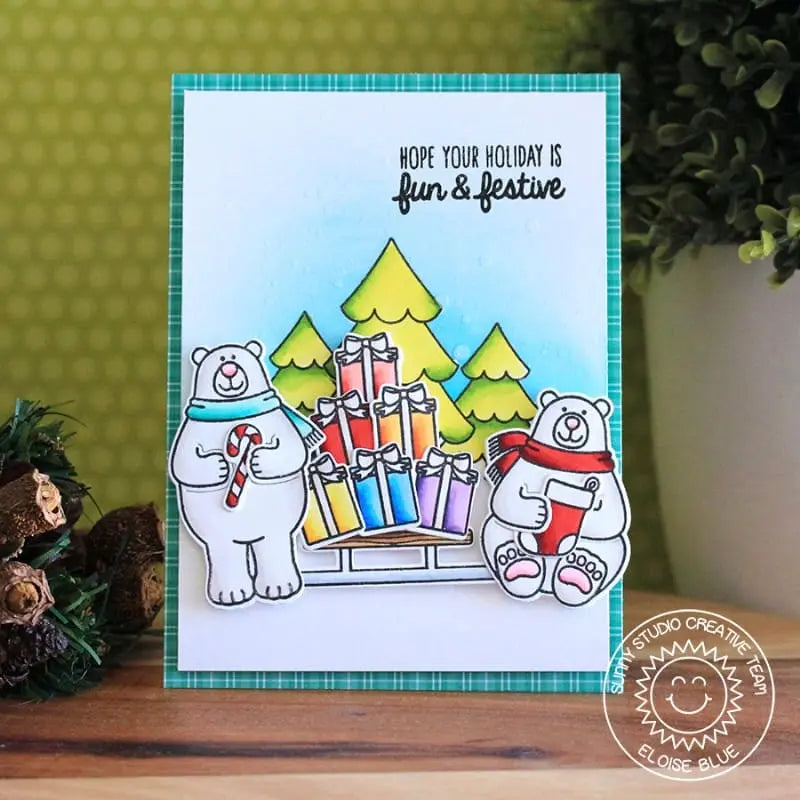 Sunny Studio Fun & Festive Rainbow Gifts with Sled Winter Holiday Christmas Card (using Playful Polar Bear 4x6 Clear Stamps)