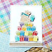 Sunny Studio Bear Sitting on Stack of Rainbow Presents Gifts Punny Birthday Card (using Playful Polar Bear 4x6 Clear Stamps)