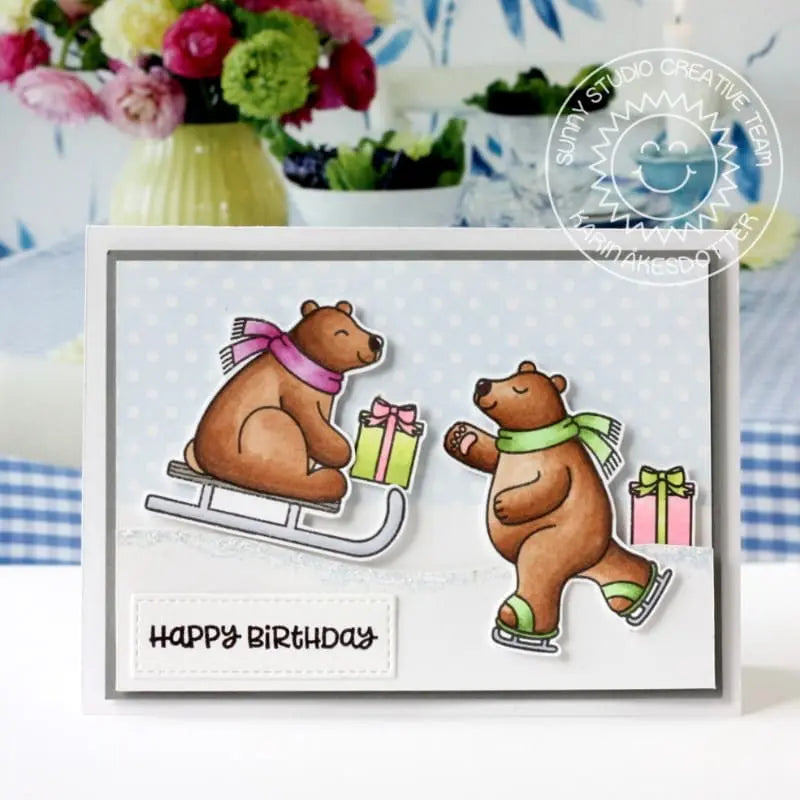 Sunny Studio Sledding & Ice Skating Winter Birthday Card (using Playful Polar Bear 4x6 Clear Stamps)