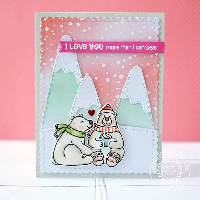 Sunny Studio Stamps Playful Polar Bears Pink & Aqua Winter Scene Card by Lexa Levana