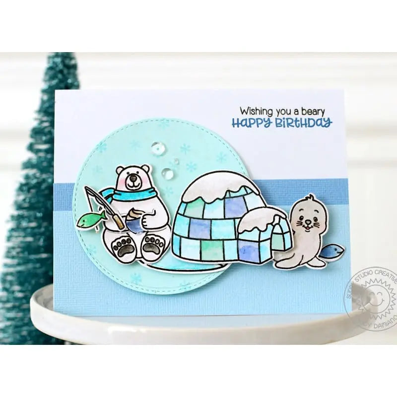 Sunny Studio Bear & Seal Fishing with Igloo Pastel Blue & Aqua Winter Birthday Card (using Playful Polar Bear 4x6 Clear Stamps)