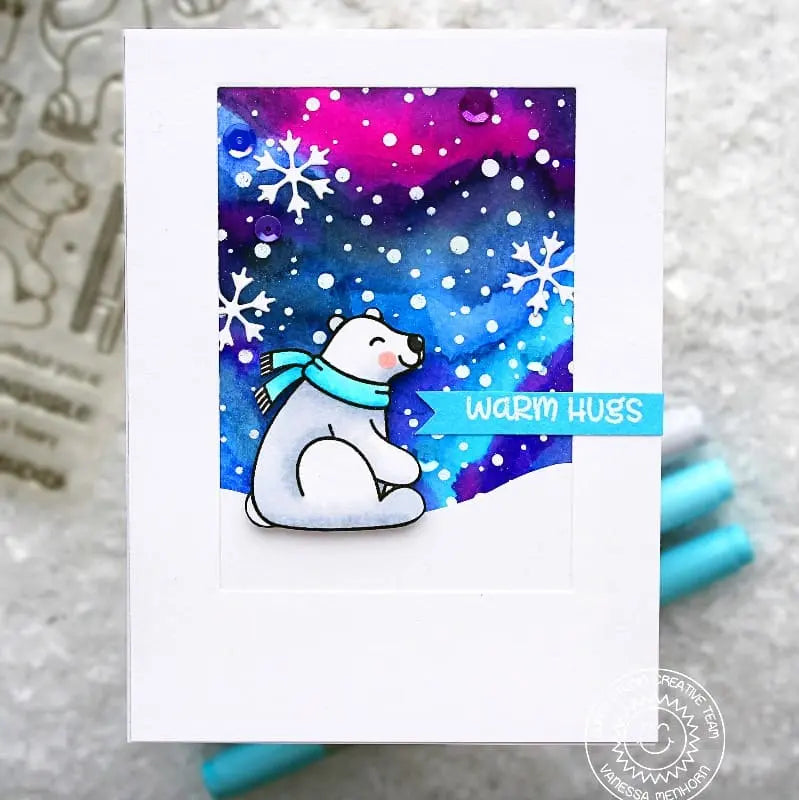 Sunny Studio Warm Hugs Winter Holiday Christmas Card with Alcohol Ink Background (using Playful Polar Bear 4x6 Clear Stamps)