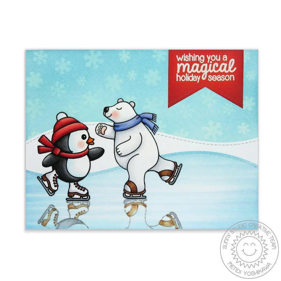 Sunny Studio Stamps Snow Flurries Polar Bear & Penguin Winter Holiday Christmas Card with Snowflake Background
