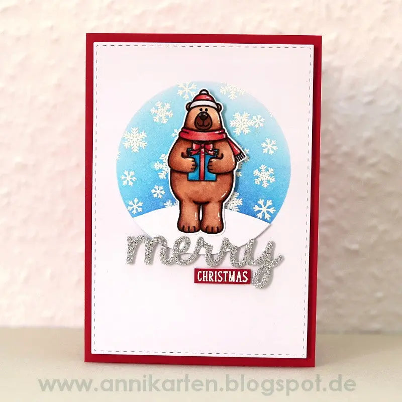 Sunny Studio Stamps Snow Flurries Teddy Bear Christmas Card with snowflake background  by Anni Lerche