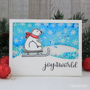 Sunny Studio Stamps Snow Flurries Polar Bear Joy To The World Winter Christmas Holiday Shaker Card with Snowflake Background
