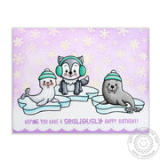 Sunny Studio Stamps Snow Flurries Lavender Scalloped Husky, Walrus & Seal Winter Birthday Card with Snowflake Background