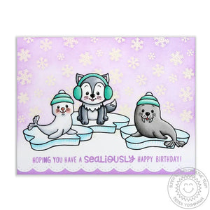 Sunny Studio Stamps Snow Flurries Lavender Scalloped Husky, Walrus & Seal Winter Birthday Card with Snowflake Background