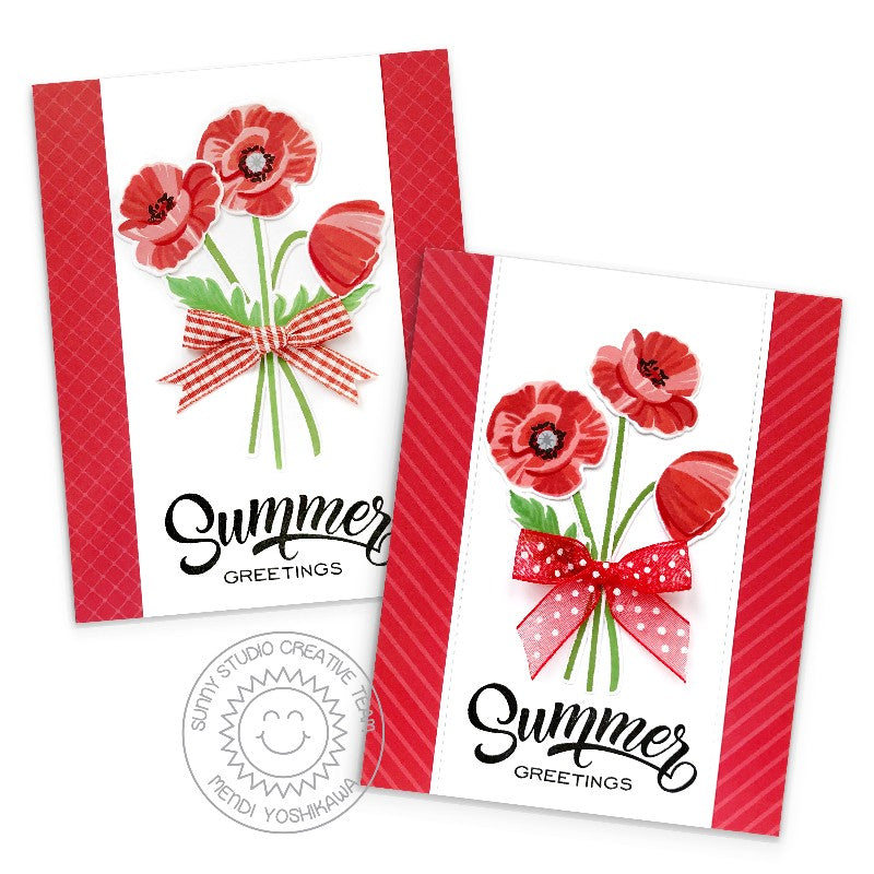 Sunny Studio Summer Greetings Poppies Bouquet Card with Red Polka-dot & Gingham Bows (using Poppy Fields 4x6 Layering Stamps)