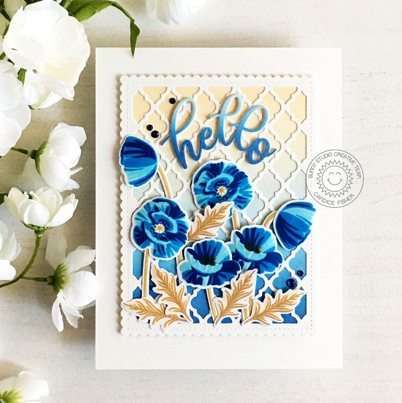 Sunny Studio Hello Gold & Cornflower Blue Poppies Floral Flower Card (using Poppy Fields 4x6 Clear Stamps)
