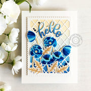 Sunny Studio Stamps Hello Gold & Cornflower Blue Poppies Floral Flower Card (using Frilly Frames Quatrefoil Metal Cuttings Dies)