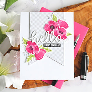 Sunny Studio Stamps Hot Pink Layered Poppies Birthday Card with Stitched Pennant (using Hello Word Metal Cutting Die)