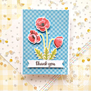 Sunny Studio Blue Gingham Layered Poppies Floral Thank You Card (using Poppy Fields Layering Clear Stamps)