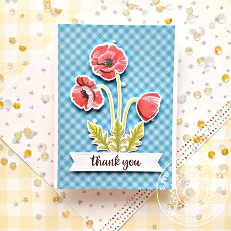 Sunny Studio Blue Gingham Layered Poppies Floral Thank You Card (using Poppy Fields Layering Clear Stamps)