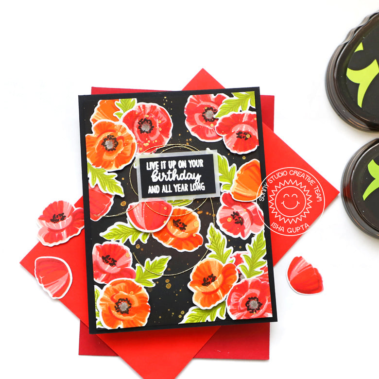 Sunny Studio Live It Up on Your Birthday and All Year Long Poppies Card (using Poppy Fields Layering Layered Stamps)
