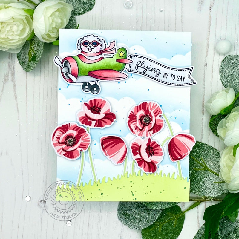 Sunny Studio Flying By To Say Hi Dog in Airplane flying over Poppies Flowers Card (using Poppy Fields Layering Clear Stamps)