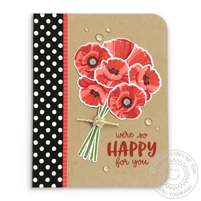 Sunny Studio We're So Happy For You Poppies Flower Bouquet Kraft Card with B&W Polka-dot Print (using Poppy Fields 4x6 Clear Stamps)