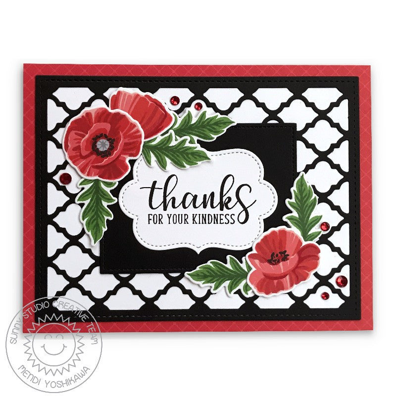 Sunny Studio Thanks for your Kindness Poppies B&W Quatrefoil Card Card (using Poppy Fields 4x6 Clear Layering Stamps)