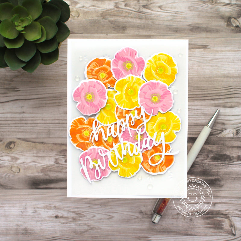 Sunny Studio Pink, Orange and Yellow Poppies Graphic Background Birthday Card (using Poppy Fields 4x6 Clear Stamps)