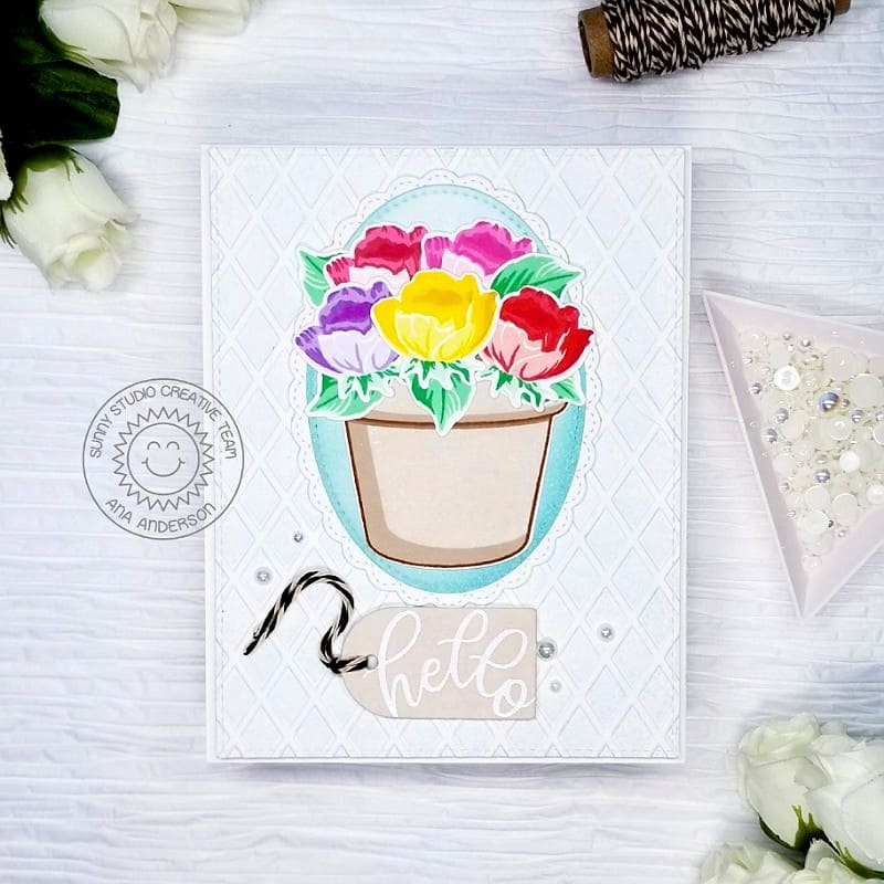 Sunny Studio Stamps Layered Roses in Flower Pot Embossed Handmade Hello Card (using Dapper Diamonds 6x6 Embossing Folder)