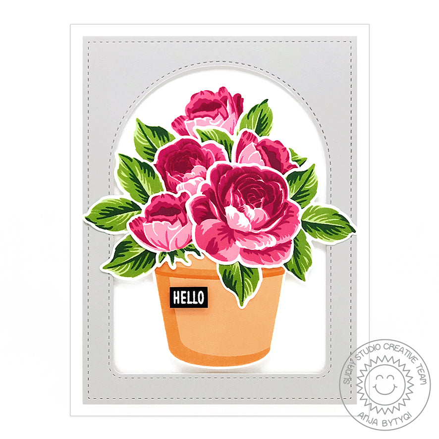Sunny Studio Red Rosebuds in Flowerpot with Stitched Arch Window Card using Potted Rose & Everything's Rosy Clear Stamps