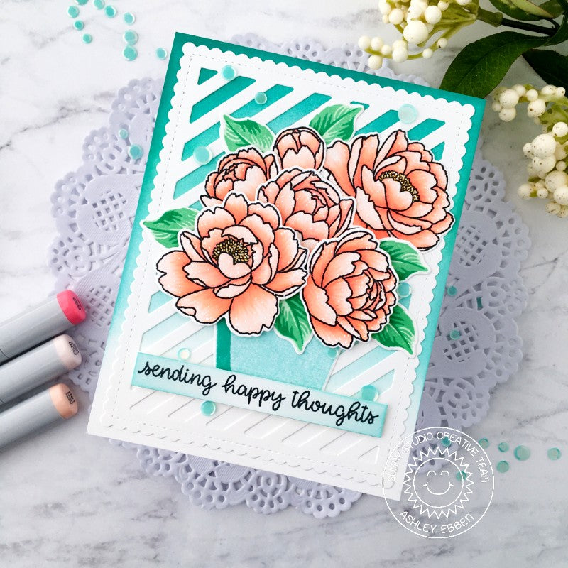 Sunny Studio Stamps Sending Happy Thoughts Peony Flowers Striped Scalloped Handmade Card (using Frilly Frames Stripes Background Backdrop Metal Cutting Dies)
