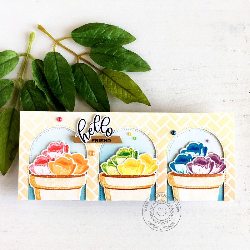 Sunny Studio Stamps Hello Friend Rainbow Roses Flower Pots with Arched Windows Card using Stitched Arch Metal Cutting Dies