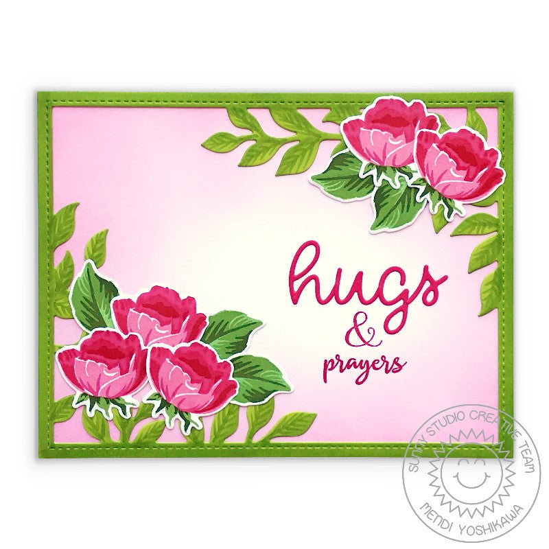 Sunny Studio Hugs & Prayers Pink & Red Floral Rose Card using Botanical Backdrop Leafy Frame Background Metal Cutting Dies