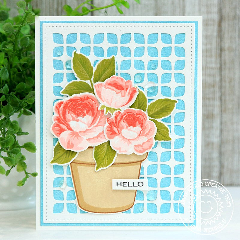 Sunny Studio Layered Roses & Rosebud with Terracotta Flowerpot Card using Potted Rose Ink Layering Clear Photopolymer Stamps