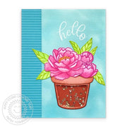 Sunny Studio Watercolor Pink Peonies in Flowerpot Hello Sequin Shaker Card using Potted Rose 4x6 Clear Photopolymer Stamps