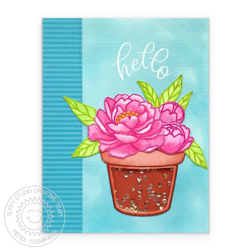 Sunny Studio Peony Flowers in Terracotta Pot Watercolor Hello Handmade Mini Sequin Shaker Card using Pink Peonies Clear Stamps
