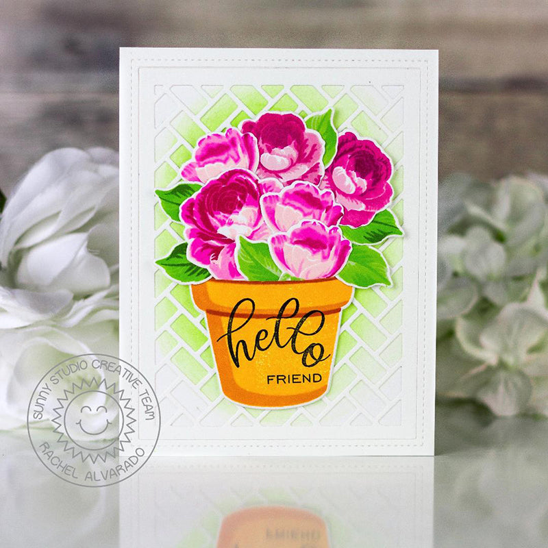 Sunny Studio Stamps Hello Friend Hot Pink Roses Flower Pot Handmade Card using Frilly Frames Herringbone Metal Cutting Dies