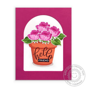 Sunny Studio Stamps Hello Friend Roses in Flower Pot Card using Stitched Arch Metal Cutting Dies to create arched window