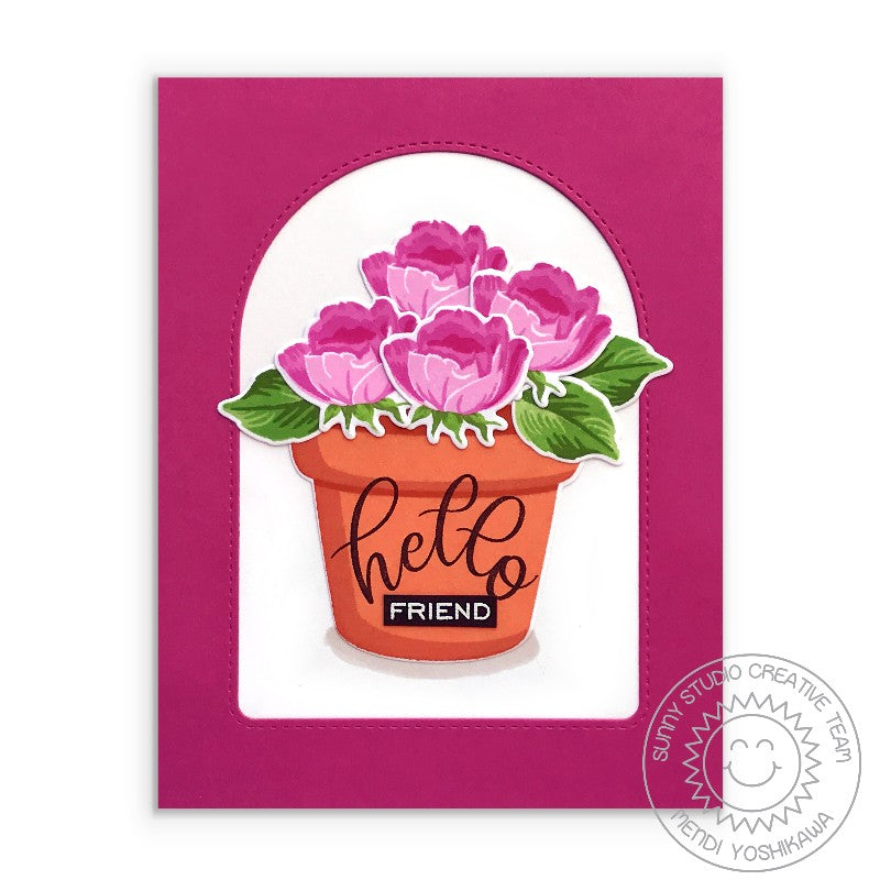 Sunny Studio Hello Friend Roses in Terracotta Pot with Arched Frame Card using Potted Rose Layered Clear Photopolymer Stamps