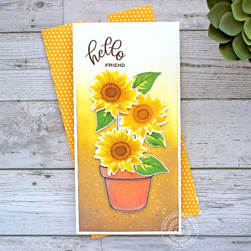 Sunny Studio Hello Friend Layered Sunflowers in Terracotta Pot Slimline Handmade DIY Greeting Card (using Sunflower Fields 4x6 Clear Photopolymer Stamp Set)
