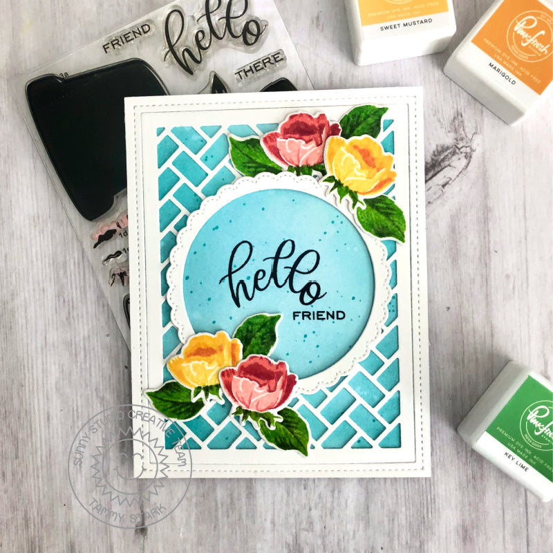 Sunny Studio Hello Friend Layered Floral Roses Rosebuds Card using Potted Rose Color Layering 4x6 Clear Photopolymer Stamps