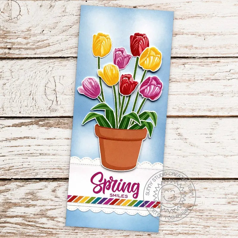 Sunny Studio Stamps "Spring Smiles" Tulips in a Terracotta Flower Pot Slimline Card using Timeless Tulips 4x6 Clear Stamps