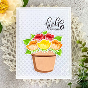 Sunny Studio Hello Friend Red, Yellow & Orange Rosebud Flowers in Terracotta Pot Card using Potted Rose 4x6 Clear Stamps