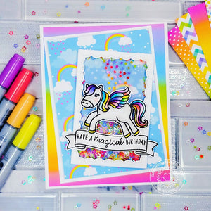 Sunny Studio Have A Magical Birthday Girls Rainbow Pegasus Shaker Handmade Card using Banner Basics 4x6 Clear Stamps