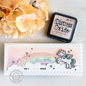Sunny Studio Stamps Pastel Rainbow Pegasus Slimline Girls Birthday Card (using stitched Fluffy Cloud Border dies)
