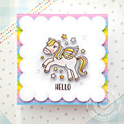 Sunny Studio Stamps Rainbow Striped Scalloped Pegasus Hello Card using scalloped Frilly Frames Eyelet Lace Metal Cutting Dies