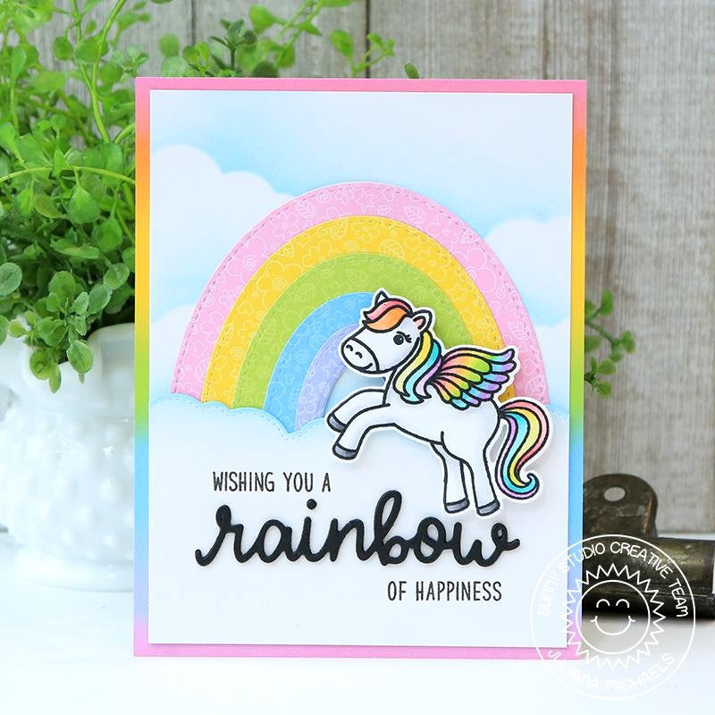 Sunny Studio Stamps Wishing You A Rainbow of Happiness Pegasus Card by Juliana Michaels (using Stitched Oval Dies to create rainbow)