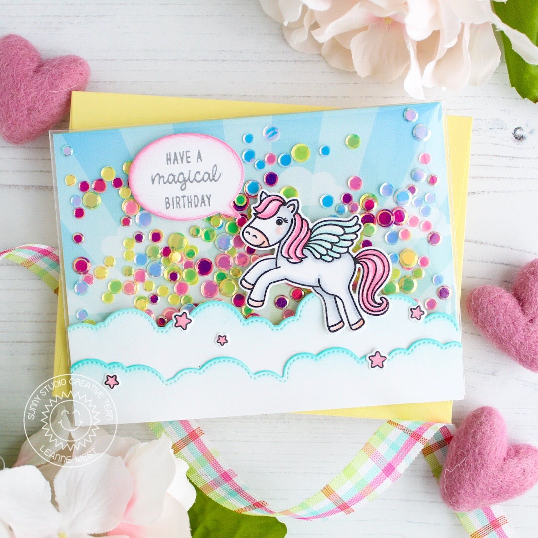 Sunny Studio Fairytale Pegasus Magical Birthday Handmade Confetti Shaker Card using Prancing Pegasus Clear Photopolymer Stamps