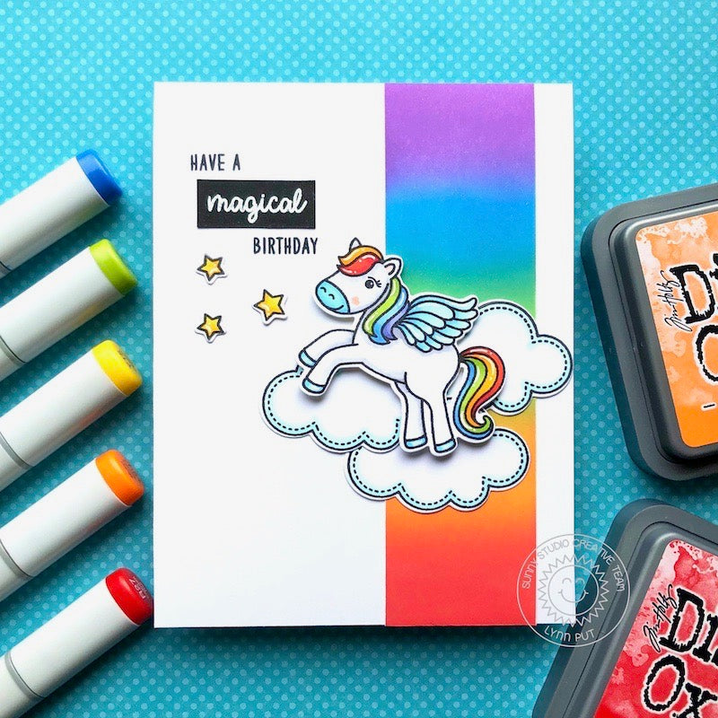 Sunny Studio Stamps Gradient Rainbow Magical Birthday Handmade Card using Prancing Pegasus 2x3 Clear Photopolymer Stamp Set