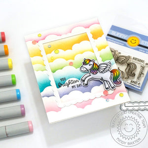 Sunny Studio Fairytale Pegasus with Rainbow Clouds Handmade Card using Prancing Pegasus 2x3 Mini Clear Photopolymer Stamps