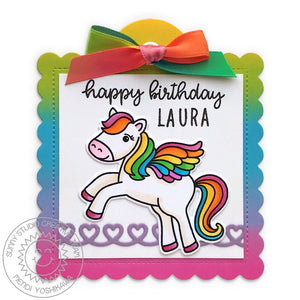 Sunny Studio Stamps Prancing Pegasus Girls Rainbow Personalized Birthday Gift Tag (using Stitched Scalloped Square Tag Dies)