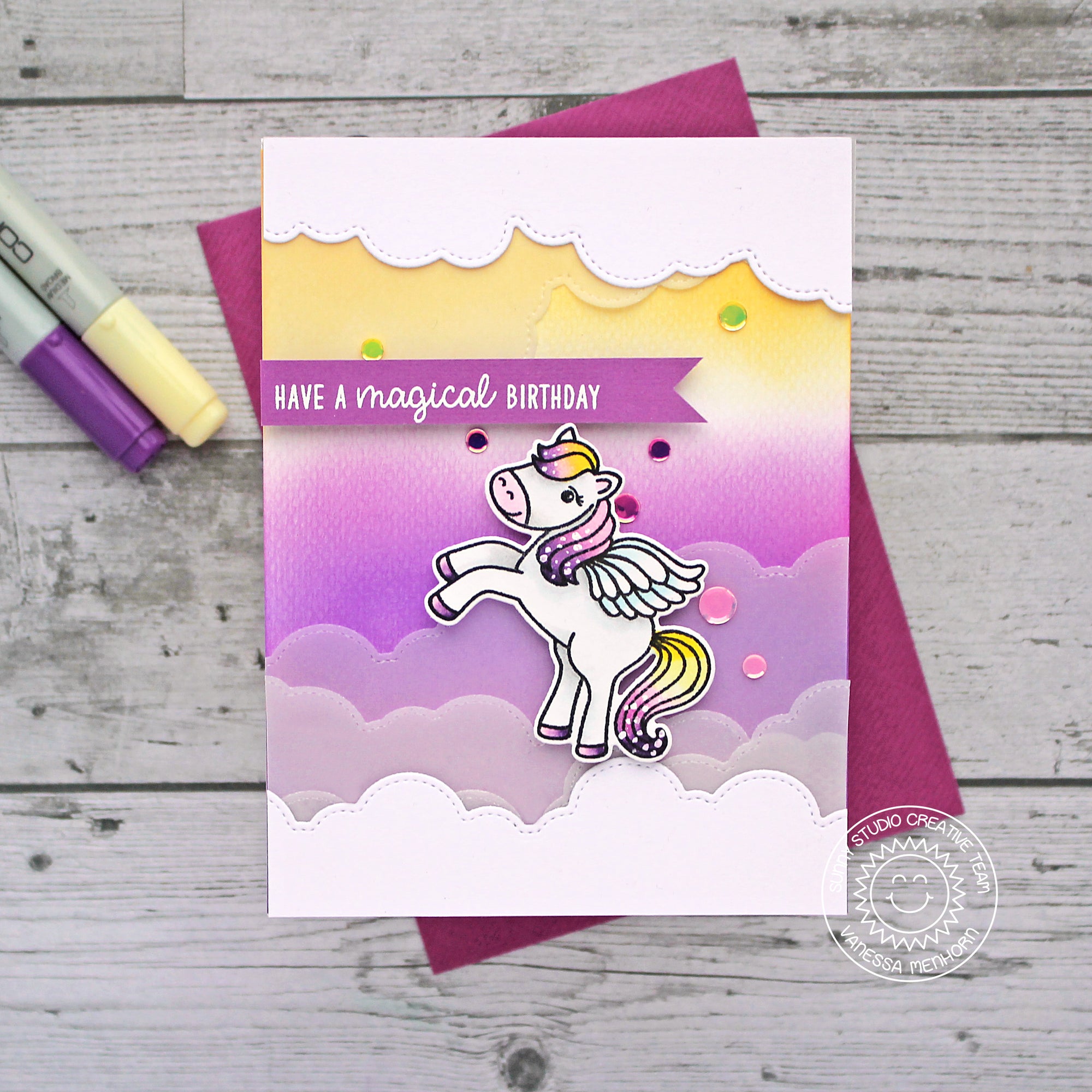 Sunny Studio Stamps Have A Magical Birthday Purple & Yellow Ombre Pegasus Handmade Card (using Stitched Fluffy Cloud Border Dies)
