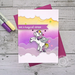 Sunny Studio Stamps Have A Magical Birthday Purple & Yellow Ombre Pegasus Handmade Card (using Stitched Fluffy Cloud Border Dies)
