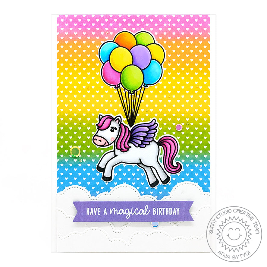 Sunny Studio Spring Pegasus Floating with Balloons Rainbow Ombre Heart Print Card using Spring Fling 6x6 Patterned Paper