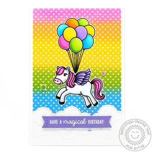 Sunny Studio Stamps Prancing Pegasus with Floating Balloons Rainbow Heart Ombre Fairytale Themed Card